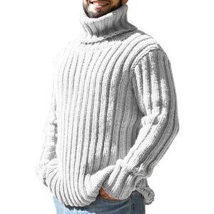 Men's Pullover White Turtleneck Sweaters Knitted Long Sleeve Fit Chunky Winter